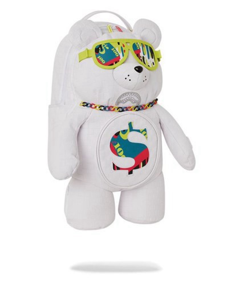 White Sprayground Show Up Show Out Moneybear Teddybear Backpacks | 41307-QWDA