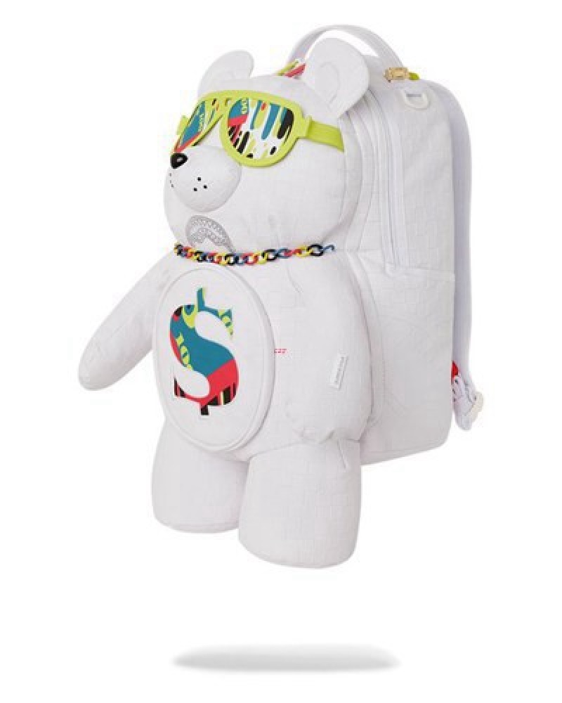 White Sprayground Show Up Show Out Moneybear Teddybear Backpacks | 41307-QWDA