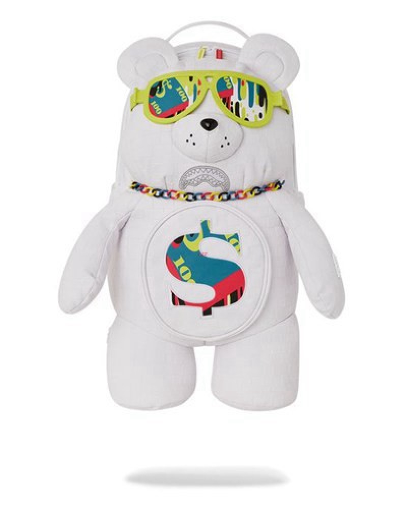 White Sprayground Show Up Show Out Moneybear Teddybear Backpacks | 41307-QWDA