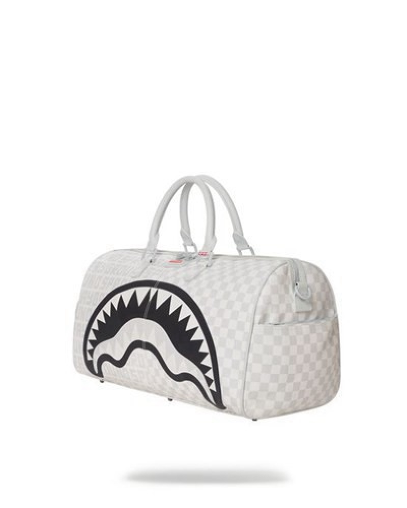 White Sprayground Split The Check (Pearl) Duffle Bags | 09514-VBOY