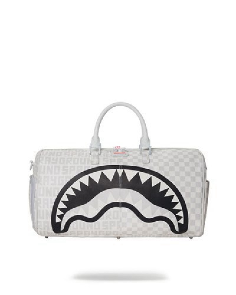 White Sprayground Split The Check (Pearl) Duffle Bags | 09514-VBOY