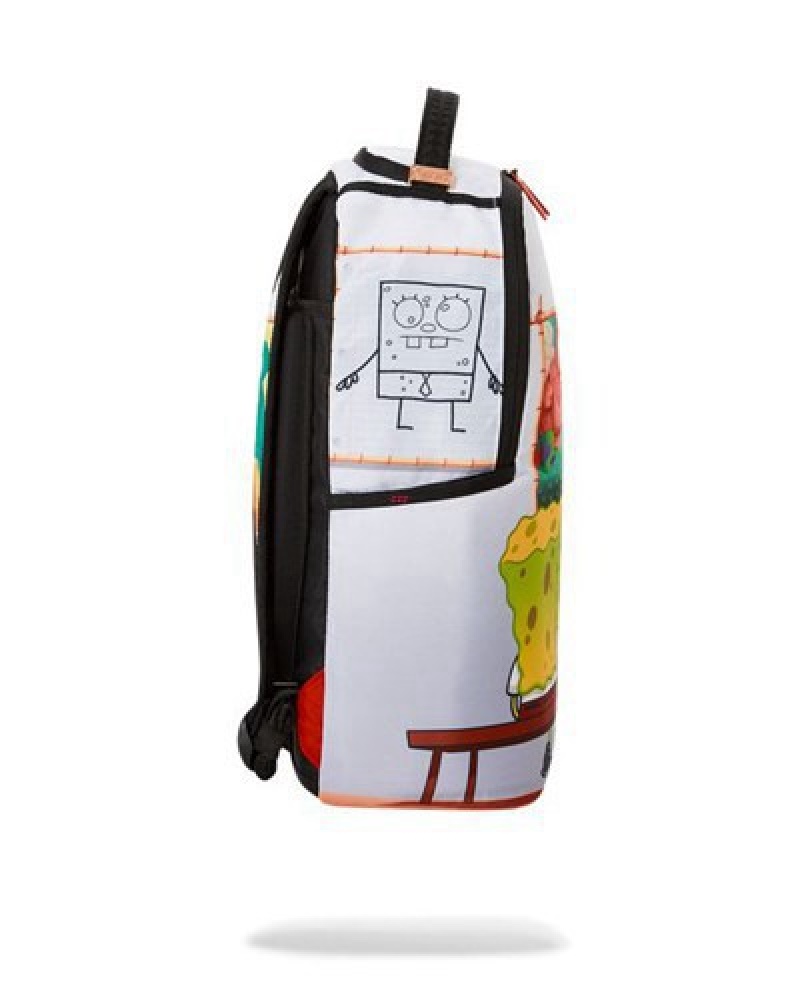 White Sprayground Spongebob Art Critic Backpacks | 56092-TFGK