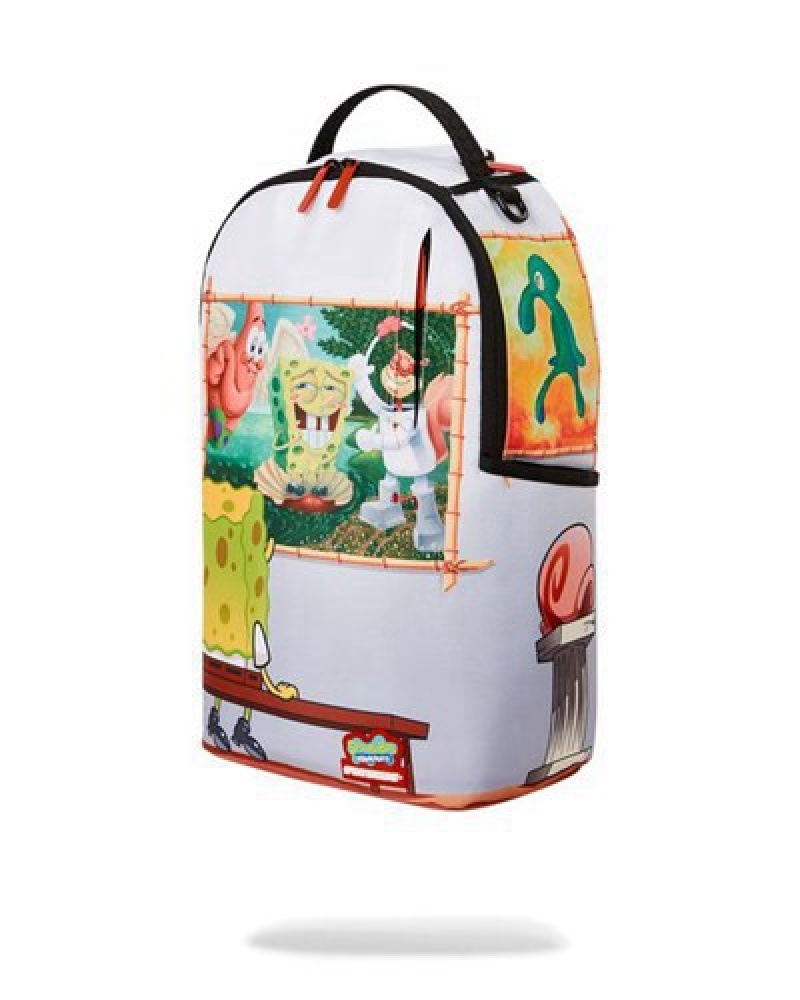 White Sprayground Spongebob Art Critic Backpacks | 56092-TFGK