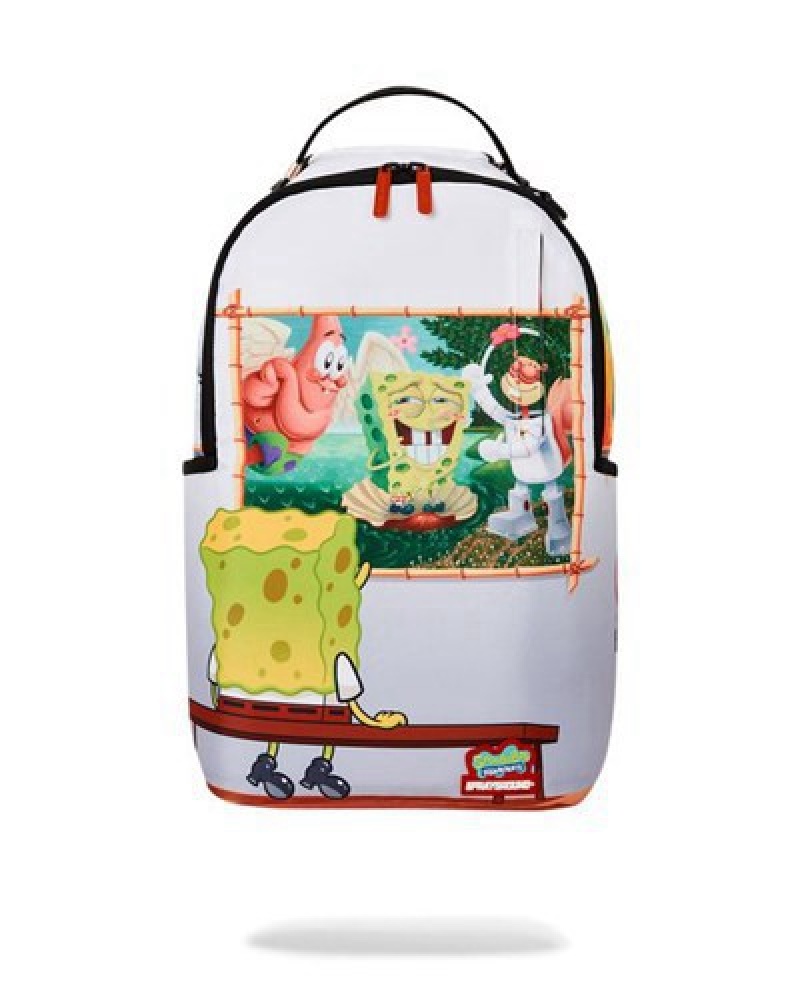 White Sprayground Spongebob Art Critic Backpacks | 56092-TFGK