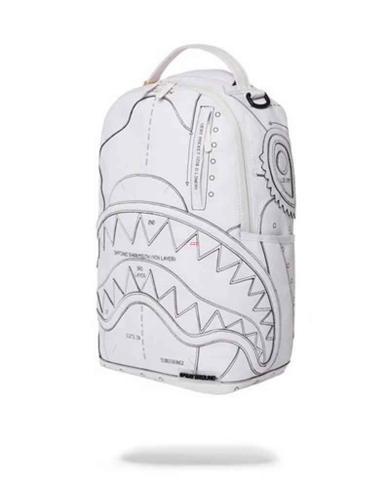 White Sprayground Technical Cut & Shark (Dlxv) Backpacks | 91370-QSGD