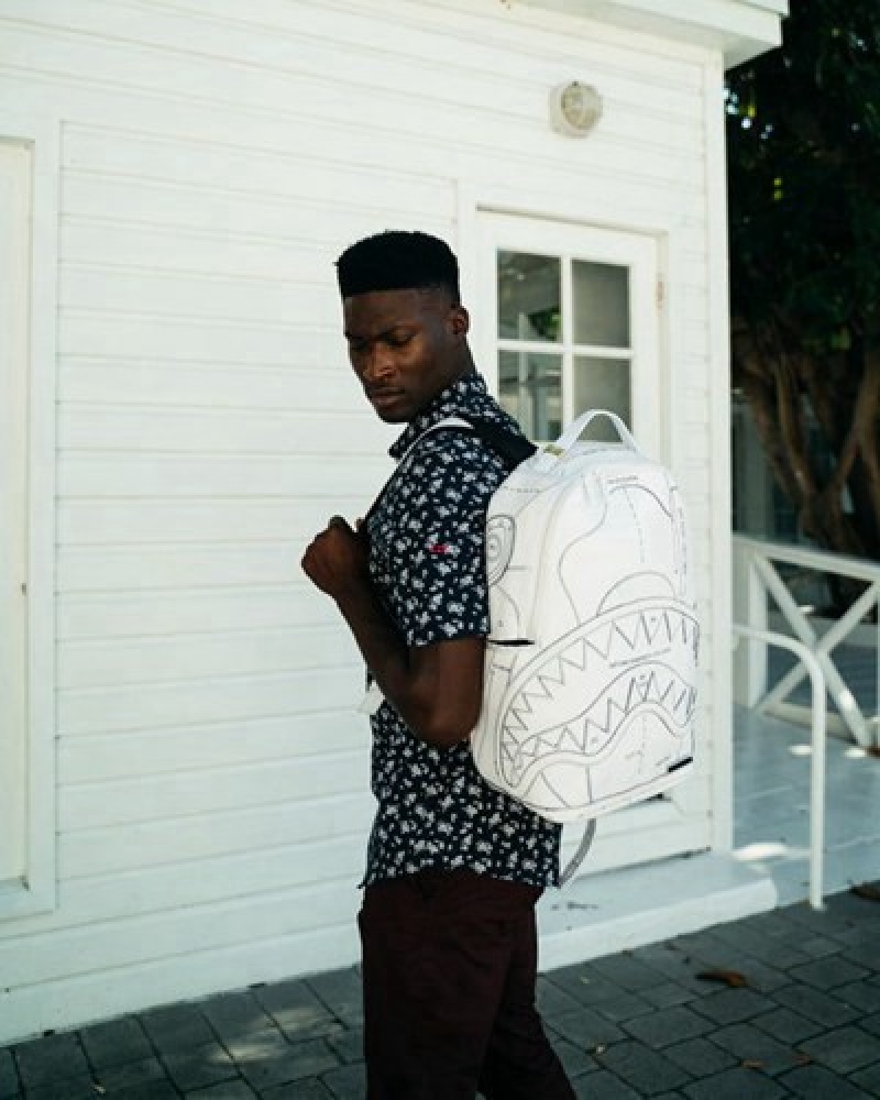 White Sprayground Technical Cut & Shark (Dlxv) Backpacks | 91370-QSGD