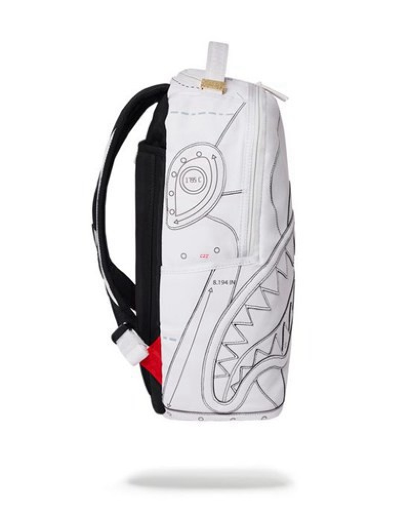 White Sprayground Technical Cut & Shark (Dlxv) Backpacks | 91370-QSGD