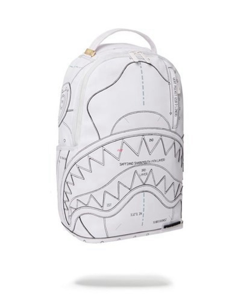 White Sprayground Technical Cut & Shark (Dlxv) Backpacks | 91370-QSGD