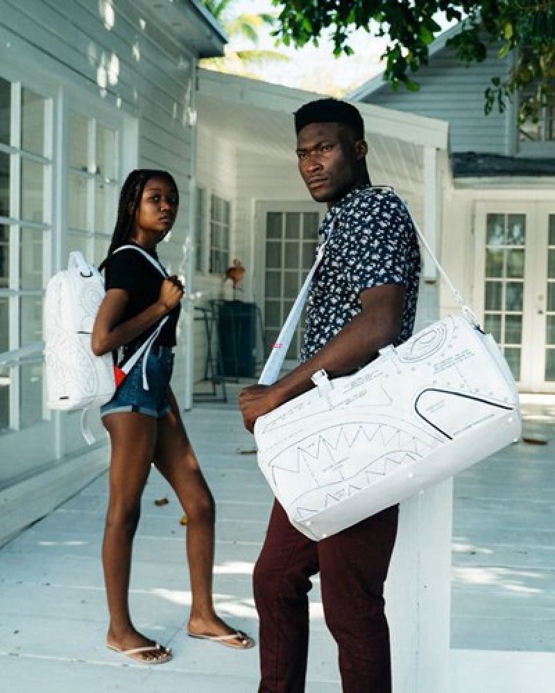 White Sprayground Technical Cut & Shark Duffle Bags | 89532-TLXS