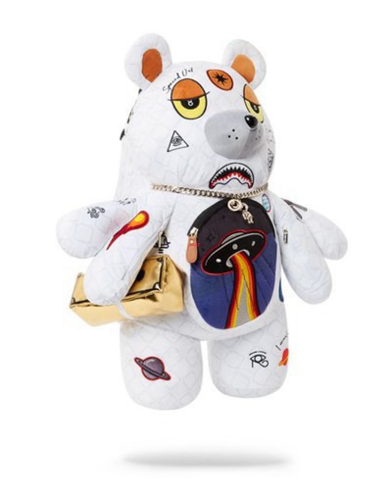 White Sprayground Ufo Spaced Out Moneybear Teddybear Backpacks | 23419-XBTW