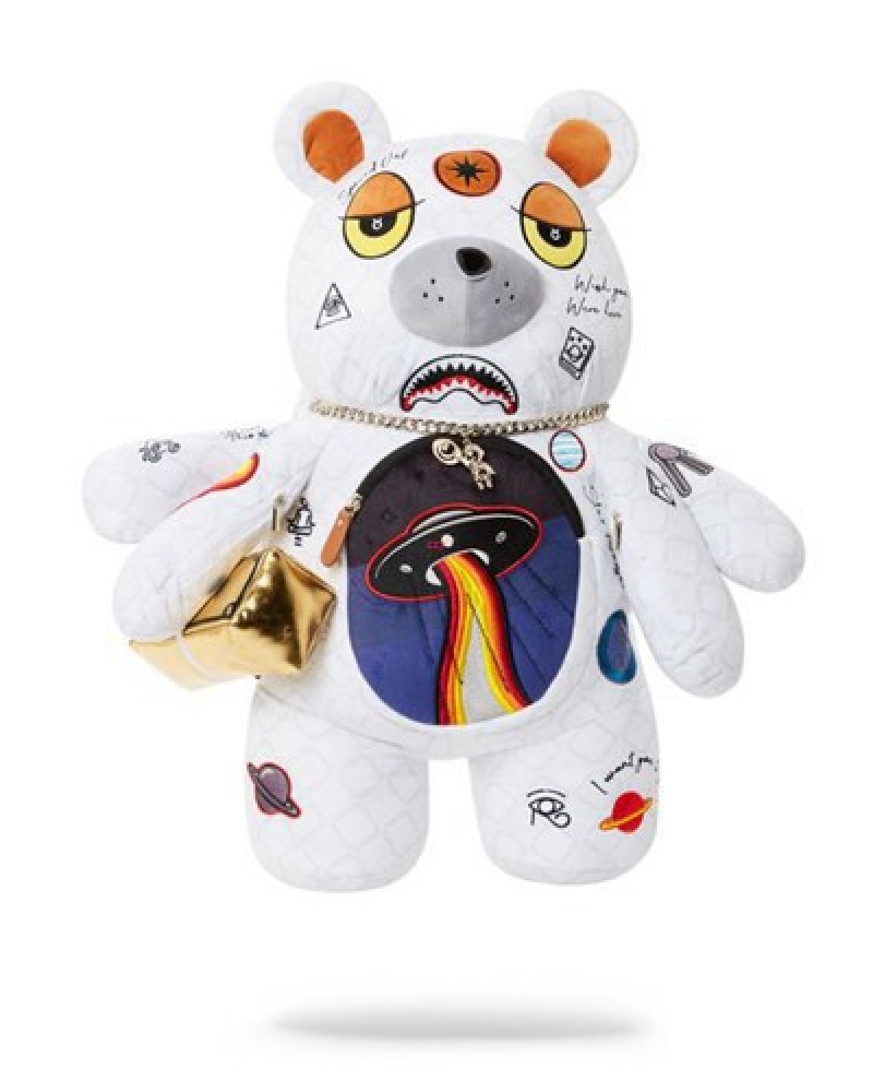 White Sprayground Ufo Spaced Out Moneybear Teddybear Backpacks | 23419-XBTW