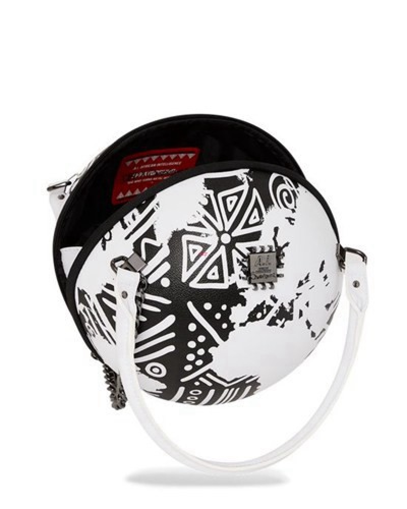 White / Black Sprayground A.I.8 African Intelligence - Origin Story Globe Handbag | 59627-RZVL