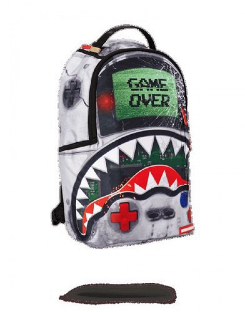 White / Black Sprayground Game Over Shark Backpacks | 24391-VAYW