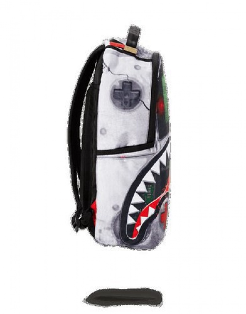 White / Black Sprayground Game Over Shark Backpacks | 24391-VAYW