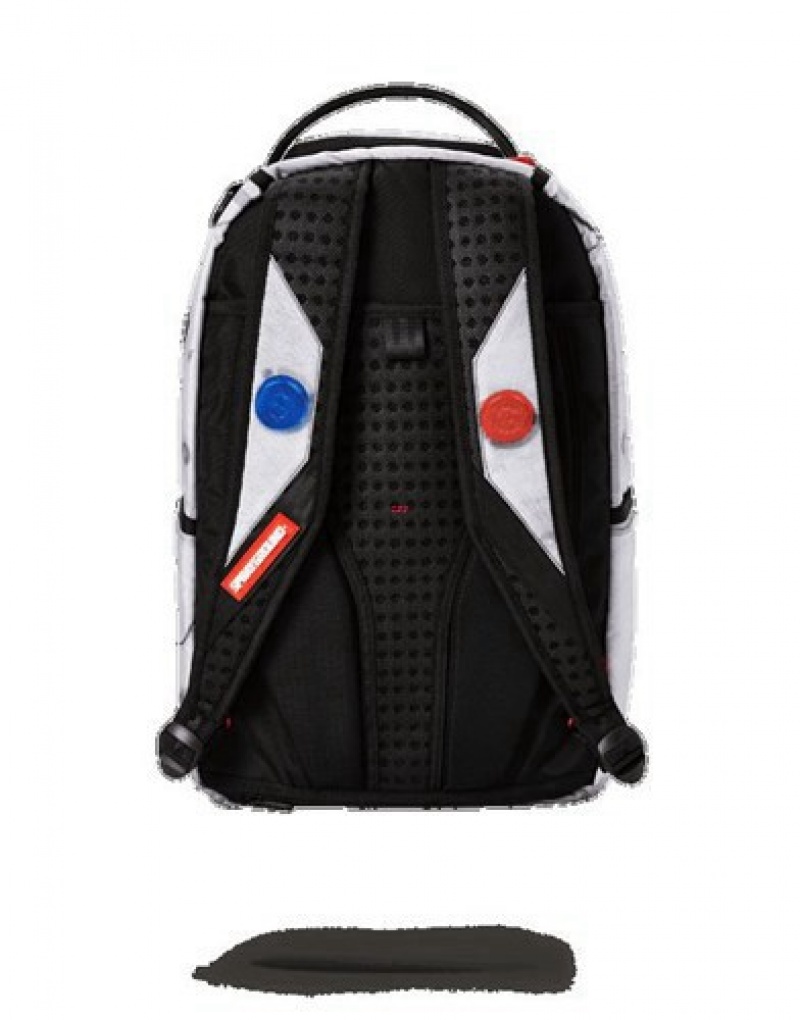 White / Black Sprayground Game Over Shark Backpacks | 24391-VAYW