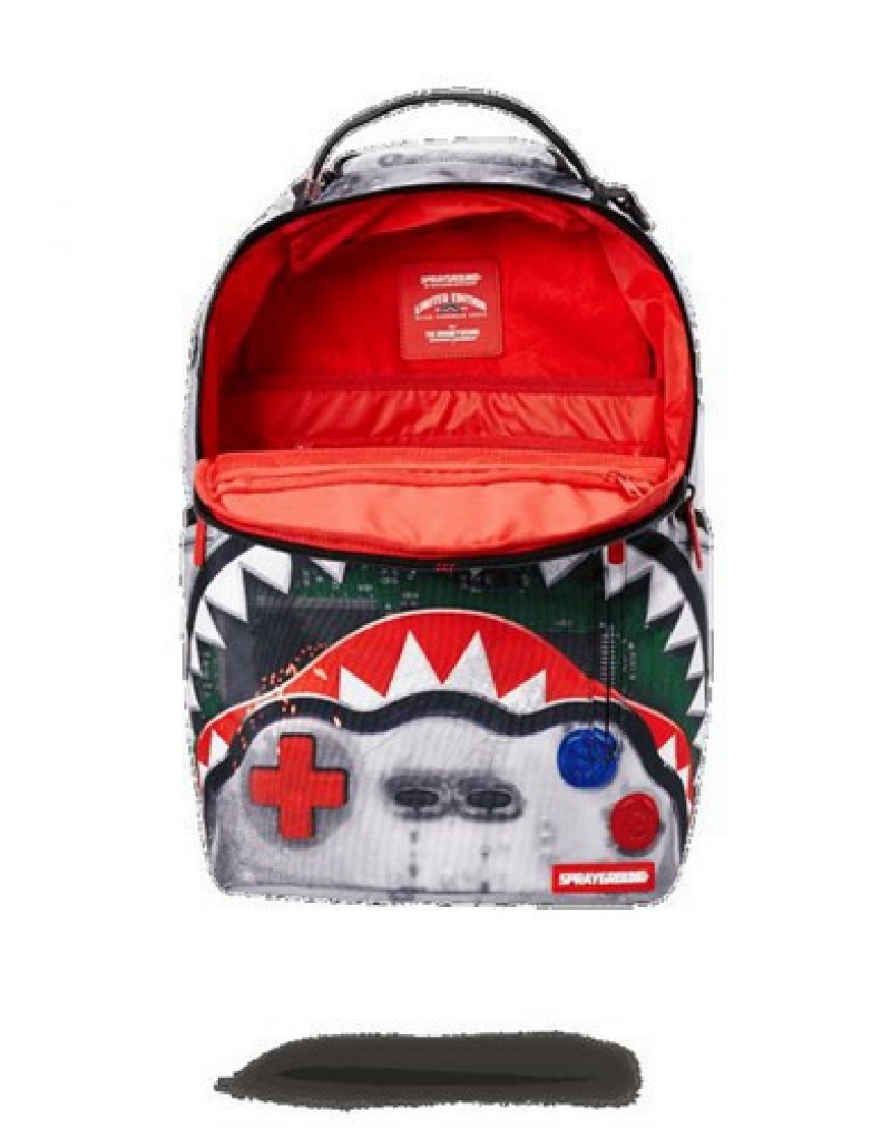 White / Black Sprayground Game Over Shark Backpacks | 24391-VAYW