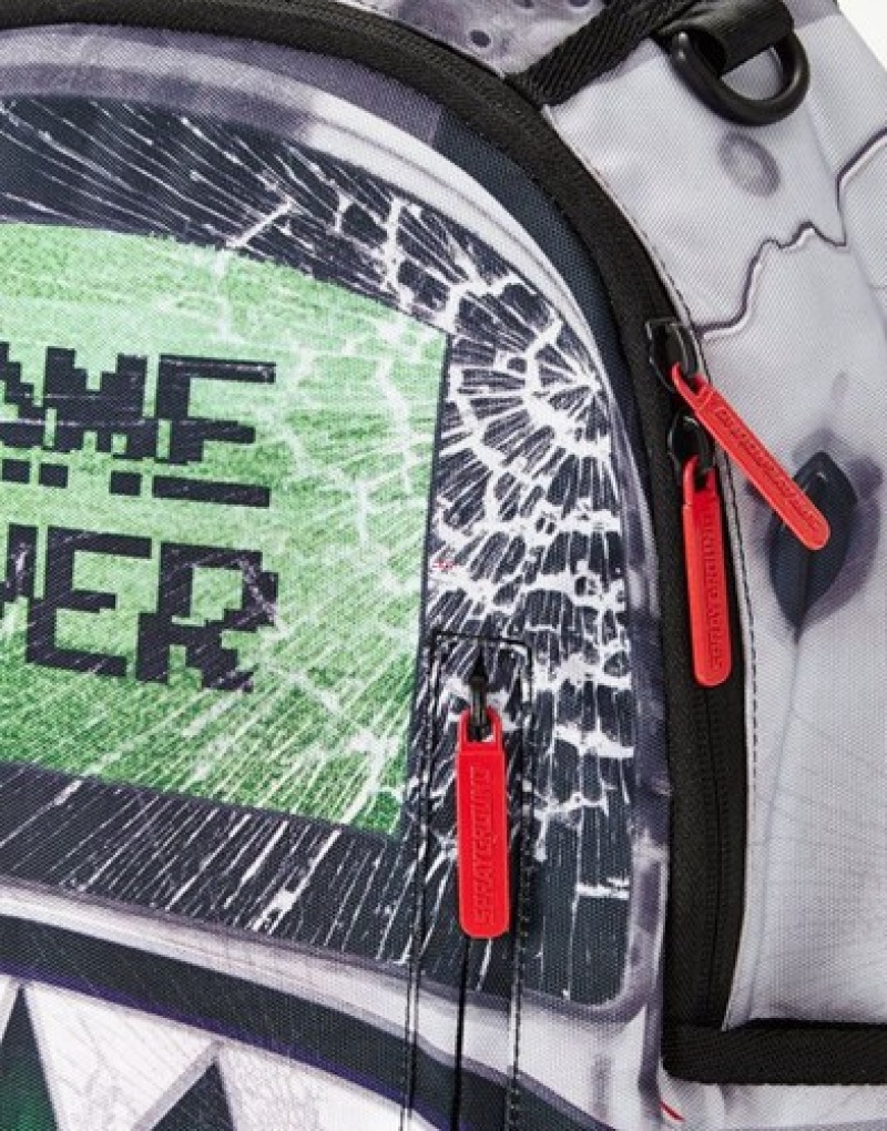 White / Black Sprayground Game Over Shark Backpacks | 24391-VAYW