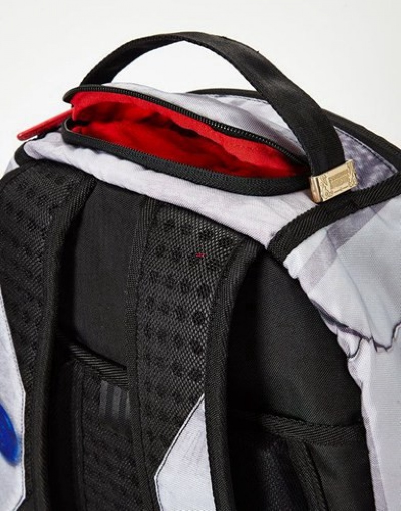 White / Black Sprayground Game Over Shark Backpacks | 24391-VAYW