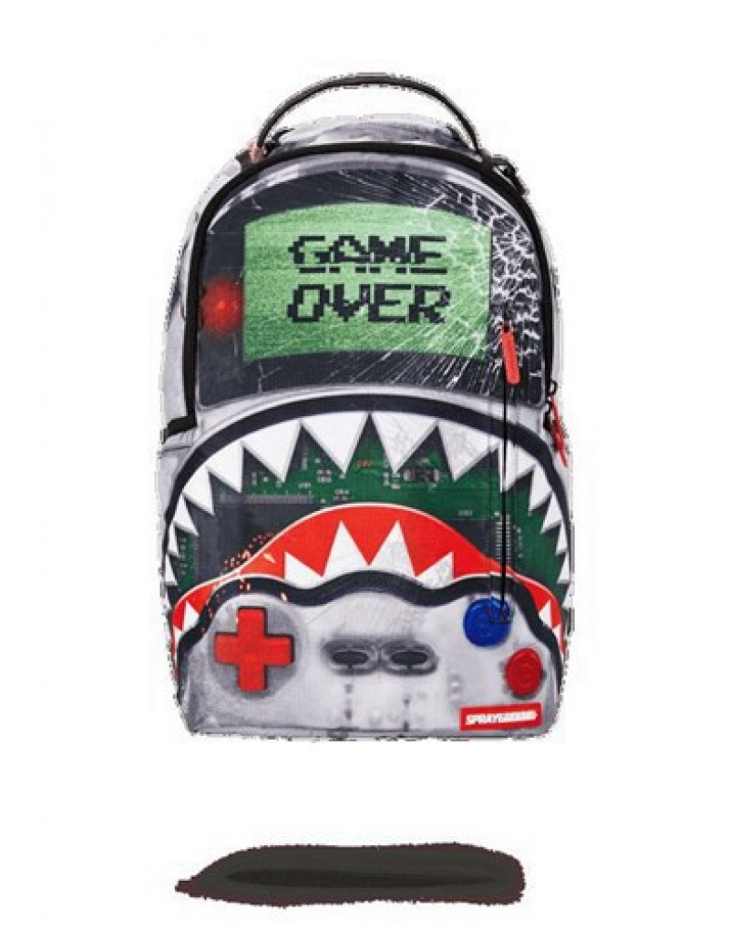 White / Black Sprayground Game Over Shark Backpacks | 24391-VAYW