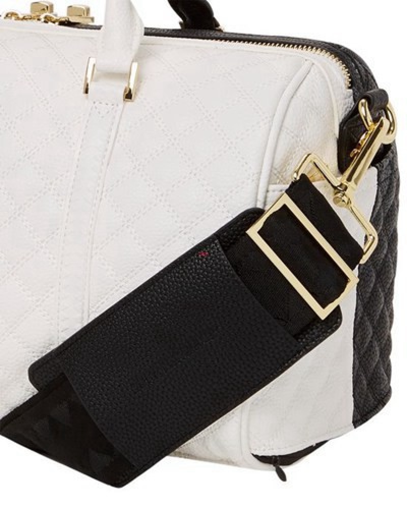 White / Black Sprayground Leveled Up Split Quilt Shark Mini Duffle Bags | 75061-MHJZ