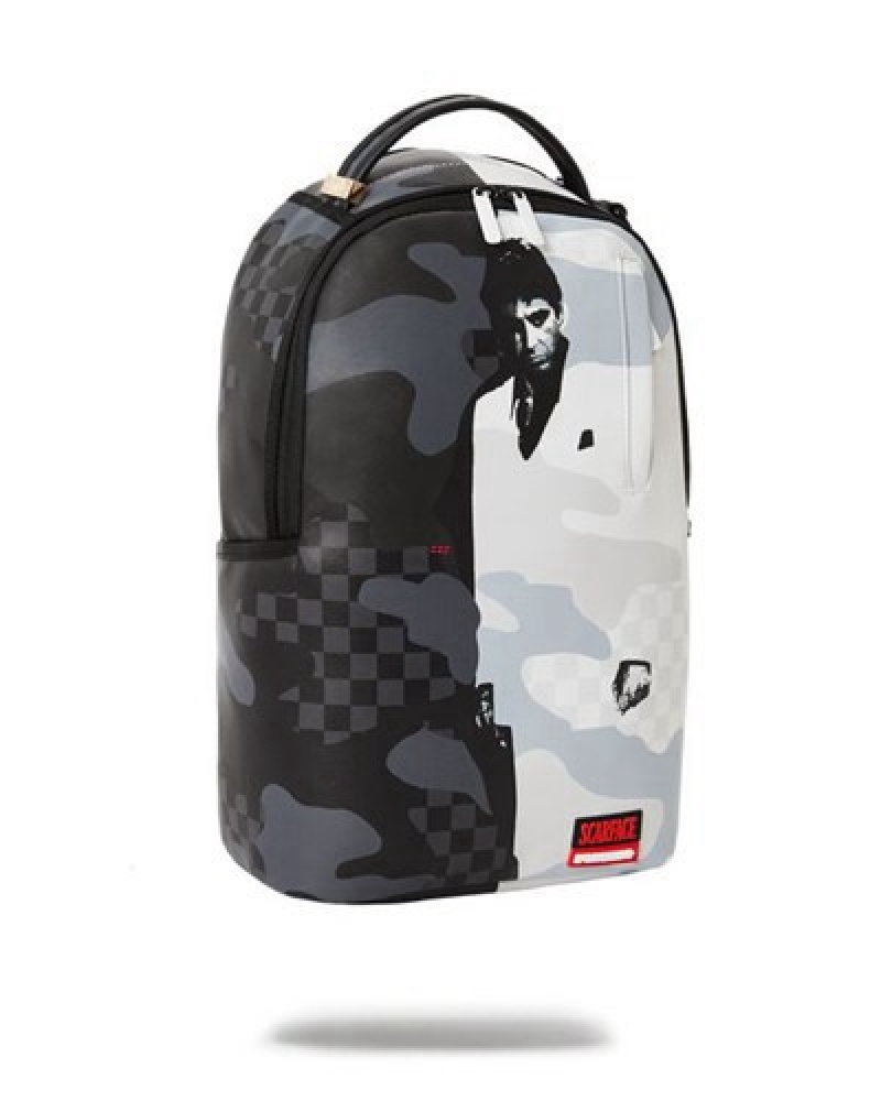 White / Black Sprayground Scarface (Dlxv) Backpacks | 19403-RUAX