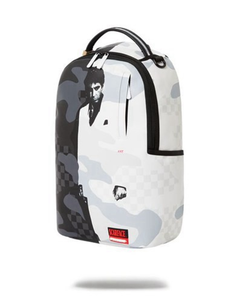 White / Black Sprayground Scarface (Dlxv) Backpacks | 19403-RUAX