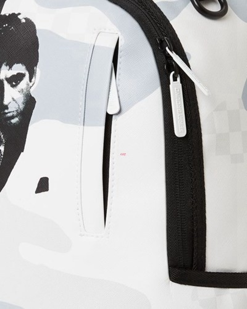 White / Black Sprayground Scarface (Dlxv) Backpacks | 19403-RUAX