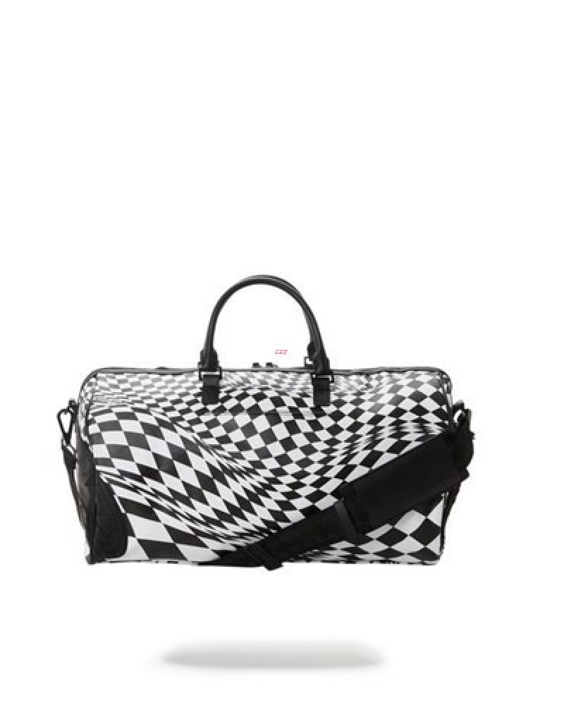 White / Black Sprayground Trippy Check Duffle Bags | 36415-MJIF