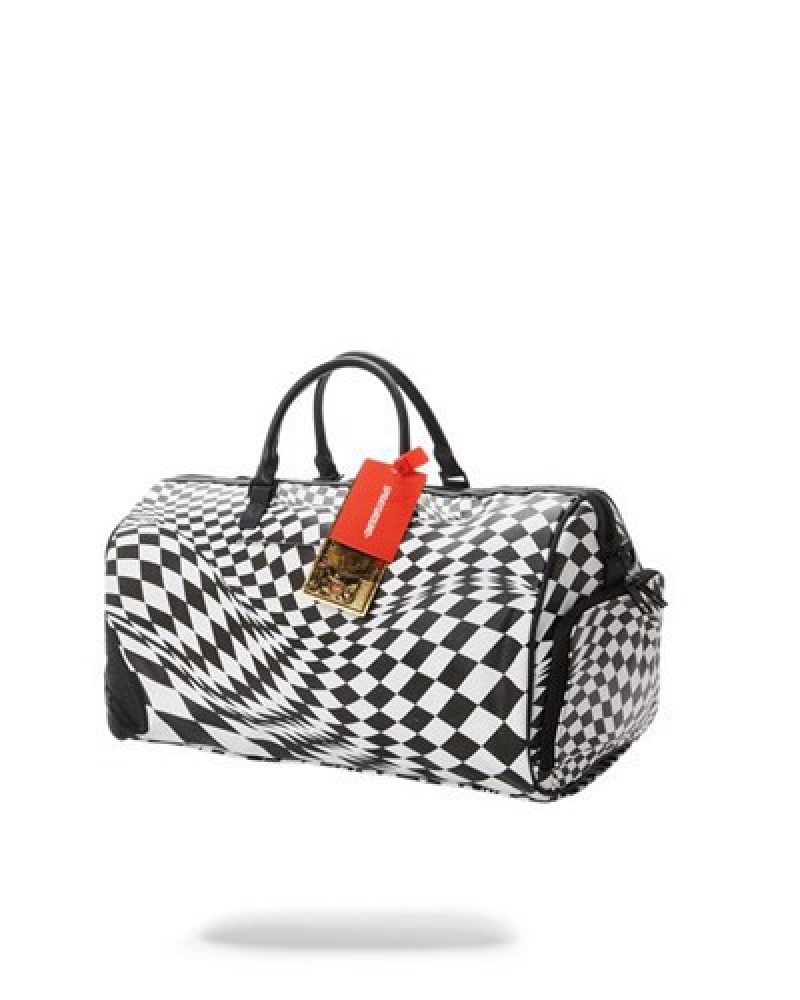 White / Black Sprayground Trippy Check Duffle Bags | 36415-MJIF