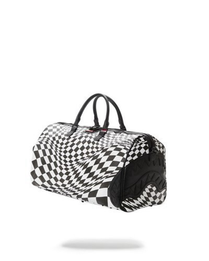 White / Black Sprayground Trippy Check Duffle Bags | 36415-MJIF