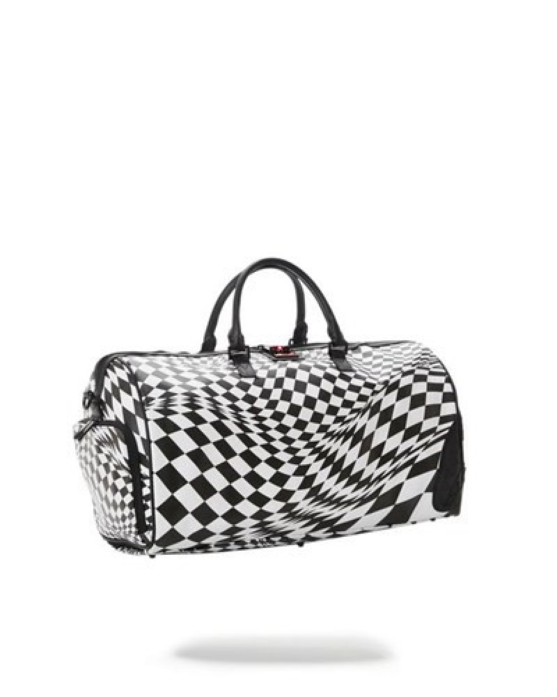 White / Black Sprayground Trippy Check Duffle Bags | 36415-MJIF