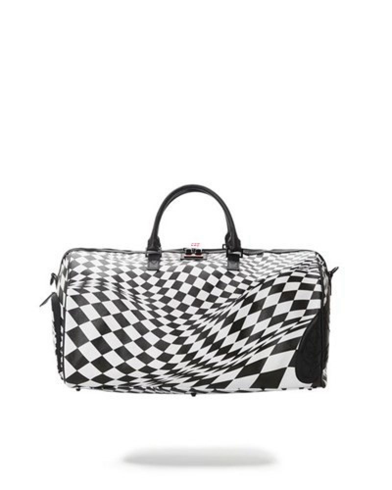 White / Black Sprayground Trippy Check Duffle Bags | 36415-MJIF