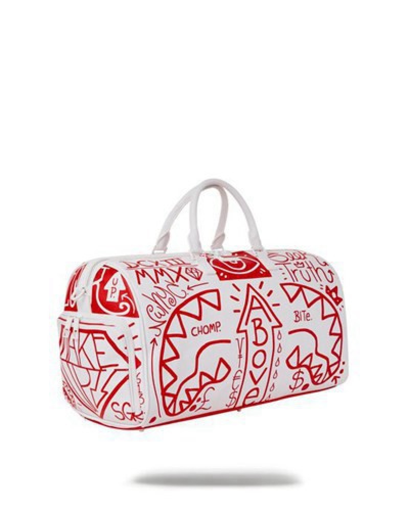 White / Red Sprayground Danger Danger Duffle Bags | 18245-NTDZ