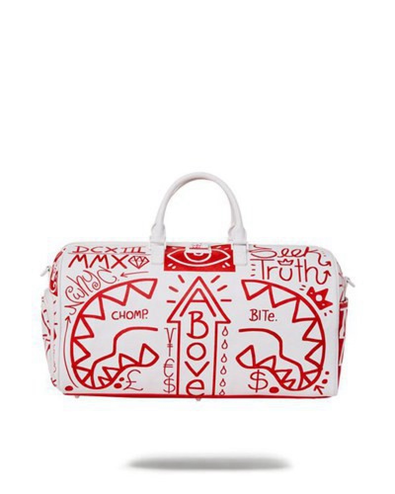 White / Red Sprayground Danger Danger Duffle Bags | 18245-NTDZ